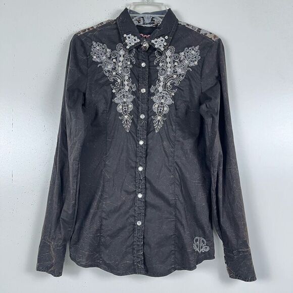 Roar Embellished Western Shirt Womens Small Embroidered Rhinestones Animal Print - Picture 1 of 11